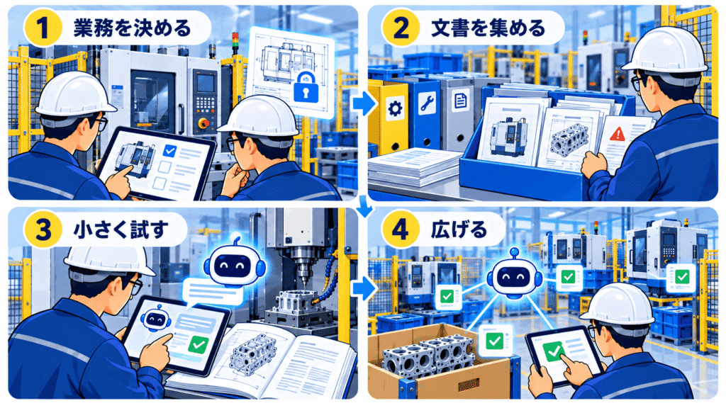 製造業のAIエージェントの始め方4ステップ【社内ナレッジ活用から小さく】